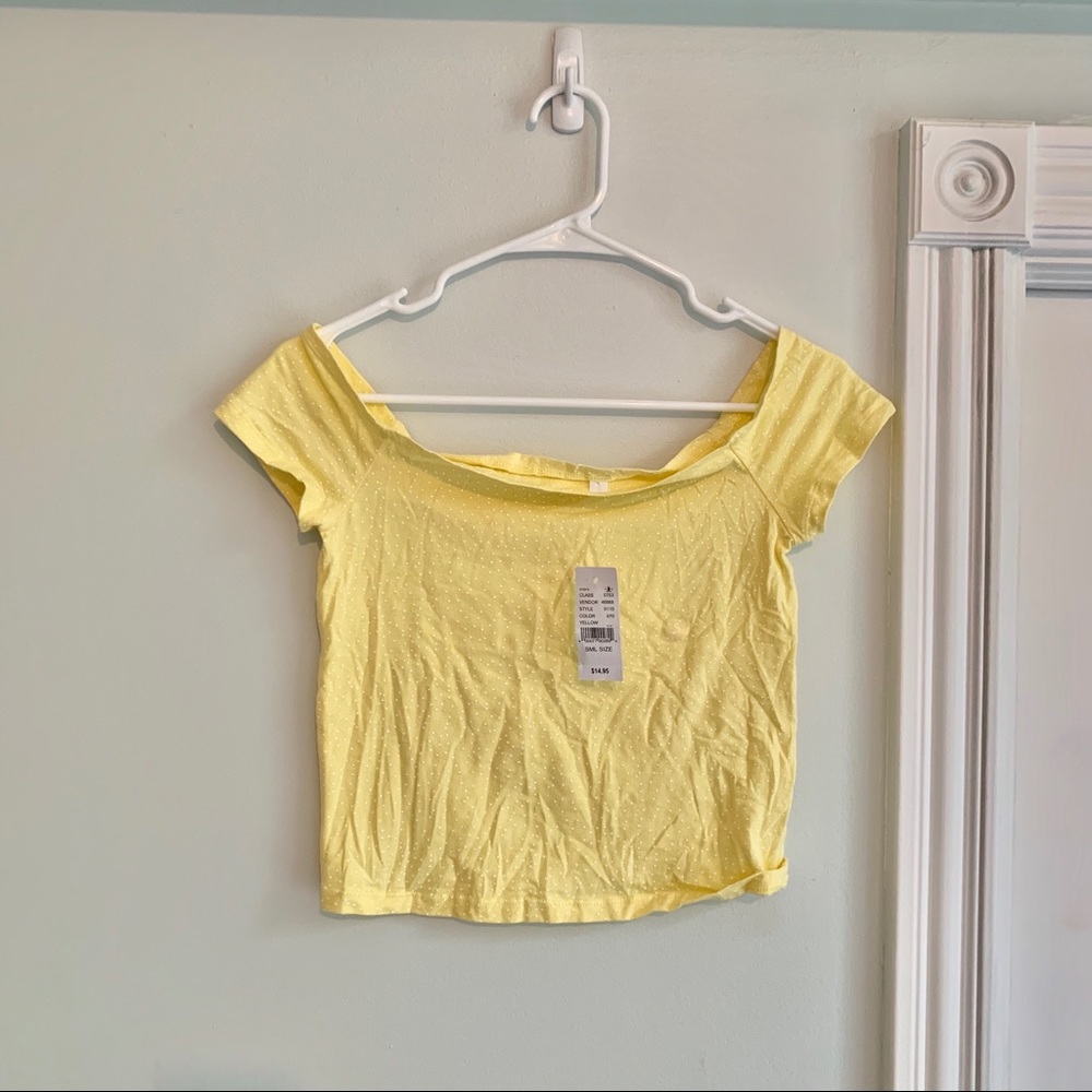 Yellow off the shoulder crop top w/ white dots